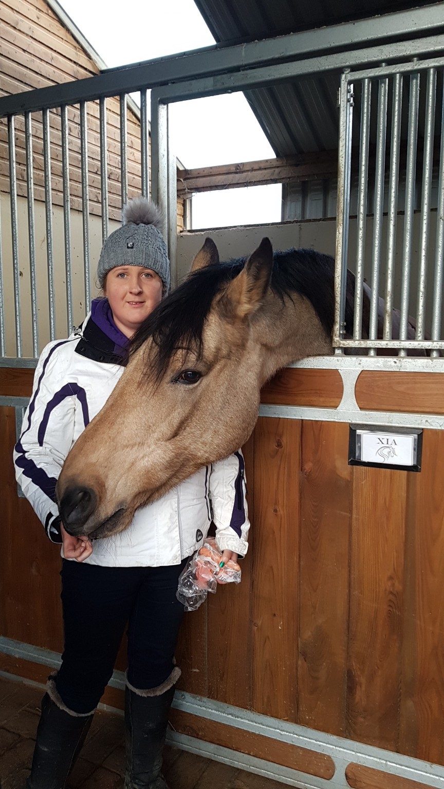 Fiona and Xia at stable Fiona standing together with Xia in the stable at ZenFoal, Blessington Lakes, Co. Wicklow